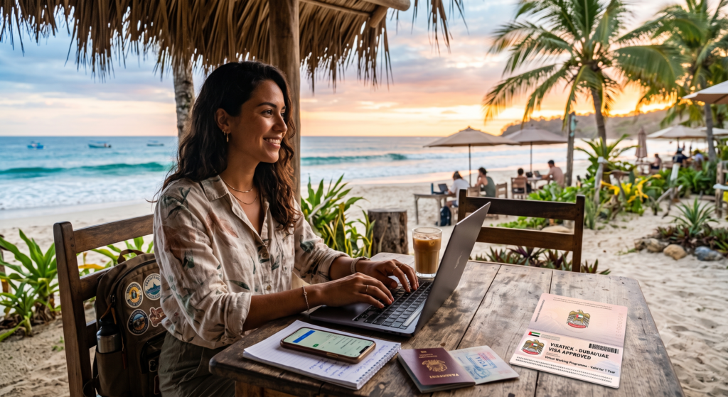 A female digital nomad smiles while working on a laptop at a beachside cafe table during sunset. The table holds an iced coffee, a smartphone, and several passports, including one prominently displaying a "VISATICA - DUBAVAE VISA APPROVED" virtual working stamp.