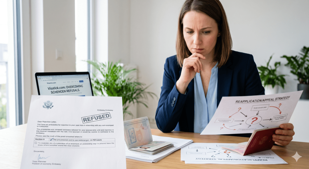A professional woman at a desk reviewing a Schengen visa Section 8 refusal letter alongside a reapplication and appeal strategy document and a passport.